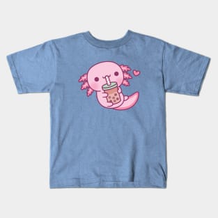 Cute Little Axolotl Loves Bubble Tea Kids T-Shirt